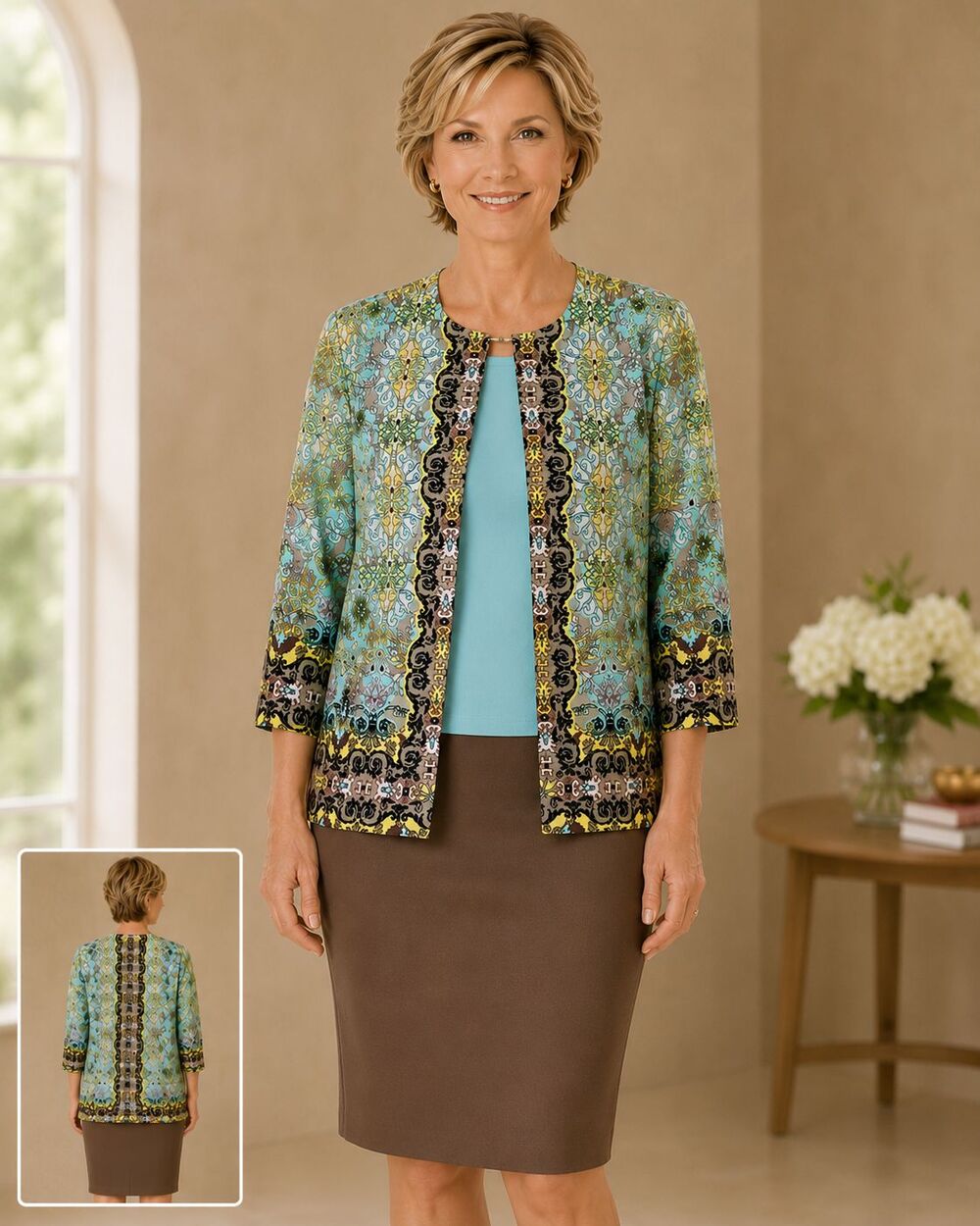 Joan Rivers XS Printed Open Front Jacket Aqua Brown 3/4 Sleeve Career